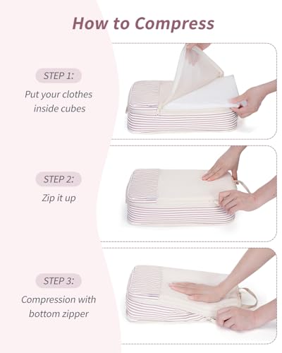 Narwey Compression Packing Cubes for Travel, Cute Luggage Organizer Bags - color: ZY-Dusty Pink Stripe