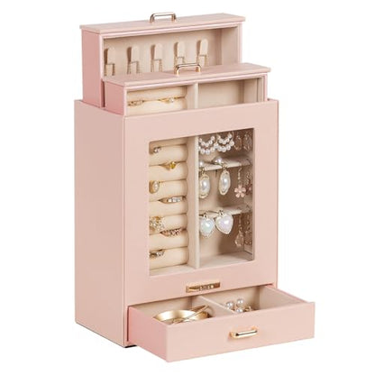 Homde Display Jewelry Box for Girls: Starter Organizer with Clear Window - color: Peach Pink + Gold