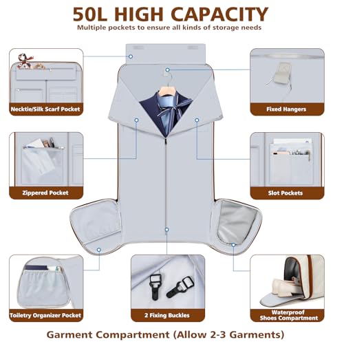 Rolling Garment Bag for Travel, 50L Duffle Bag with Shoe Compartment, 4pcs - color: Beige