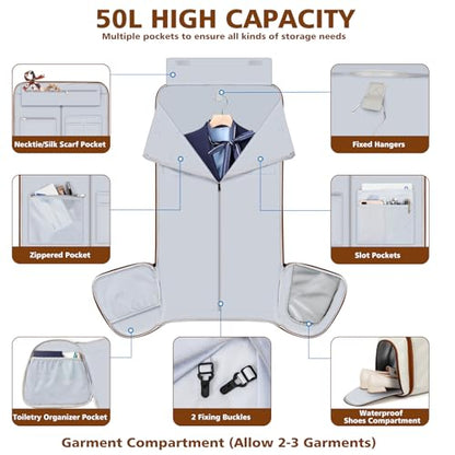 Rolling Garment Bag for Travel, 50L Duffle Bag with Shoe Compartment, 4pcs - color: Beige