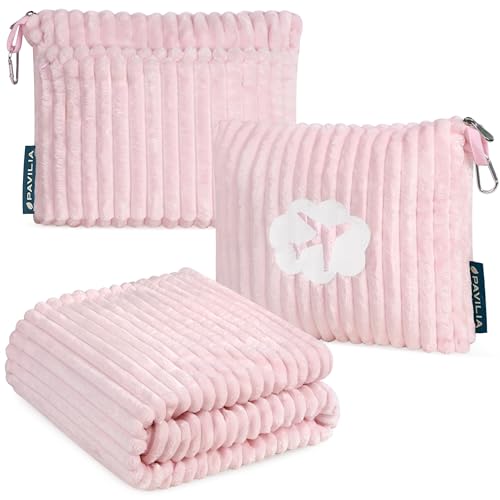 PAVILIA Travel Blanket Pillow, Soft Ribbed Fleece Airplane Blanket, Pink - color: Pink