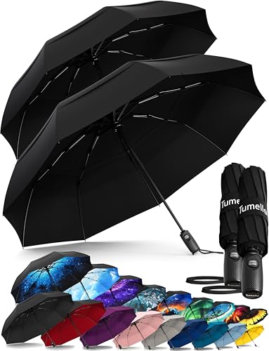 TUMELLA Strongest Windproof Travel Umbrella (Compact, 100MPH Wind-Tested), Light, Portable, One-Handed Use, Automatic Folding Rain Umbrella, Durable, Premium Grip, Fits Car & Backpack - color: Black