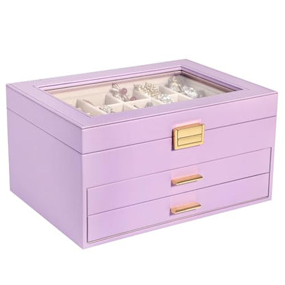 Voova 3-Layer PU Leather Jewelry Box with Glass Lid, Lavender - color: Lavender three-layer, size: 3 Layer
