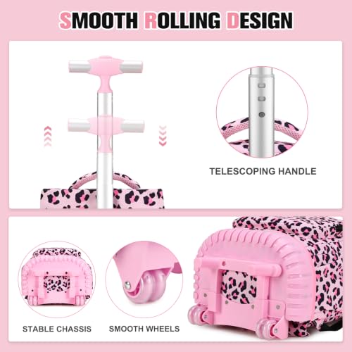 ACESAK Rolling Backpack for Girls with Lunch Bag & Pencil Pouch - color: Pink Leopard