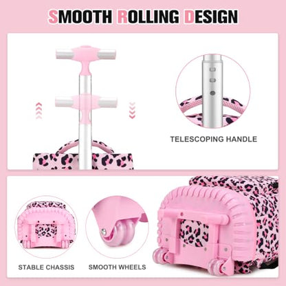 ACESAK Rolling Backpack for Girls with Lunch Bag & Pencil Pouch - color: Pink Leopard