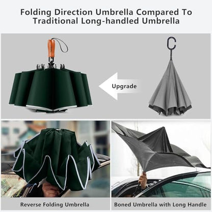 Reverse Umbrella 50 Inch Large Golf 10 Rib Auto Open Close Rain Travel - color: 07.Dark Green