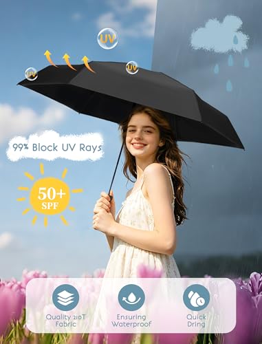 Jorilis Mini Compact Travel Umbrella with Case, Pocket Size UV Sun & Rain - color: Black