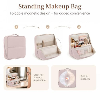 Travel Makeup Bag Standing Folding Leather Cosmetic Organizer with Handle - color: Dusty Pink, size: X-Large