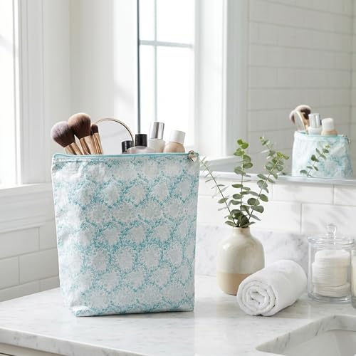Large Cosmetic Bag - Water-Resistant, PVC-Lined - Aqua Trellis - color: Aqua Trellis, size: Large Cosmetic Bag
