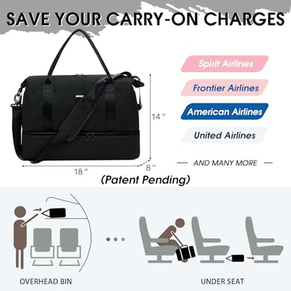 WANDF Personal Item Travel Bag, Carry On Weekender Bag for Women - color: Black