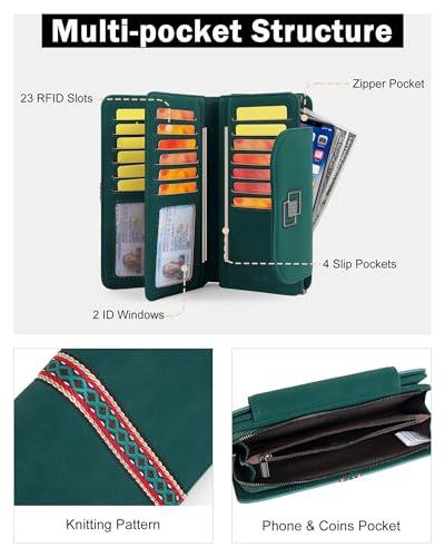 FADEON Leather Wallets for Women, Designer Large RFID Blocking Trifold - color: Dark Green Nubuck Style