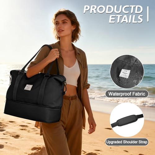 Travel Duffel Weekender Bag Women Tote Carry On Bags With Shoe Compartment - color: A-Black, size: M