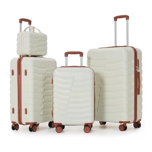 4Pc Hardside Carry On Checked Luggage Set Spinner TSA - color: Apricot white