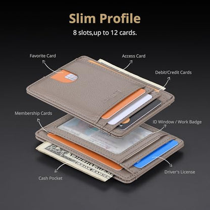 Buffway Slim Minimalist Front Pocket RFID Blocking Leather Wallets for Men and Women - Lichee Khaki - color: Lichee Khaki
