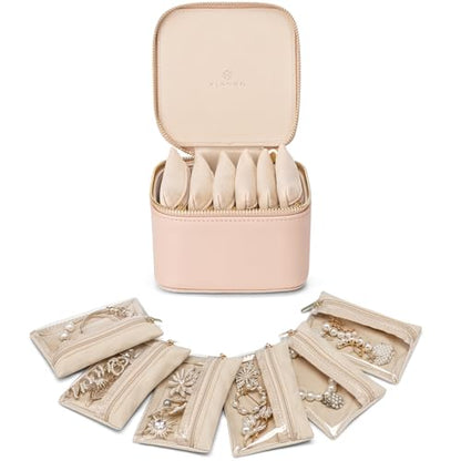 VLANDO Jewelry Boxes for Women with 6 Clear Velvet Zipper Pouches,Khaki - color: B.6 PCS Khaki
