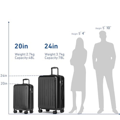KYME Luggage Sets 2 Piece Hardshell Suitcase with TSA Lock, Black, 20"/24" - color: Black, size: 2Pcs Set(20"/24")