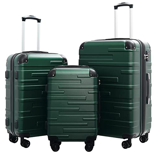 Coolife Hardside ABS Luggage, TSA Lock, Spinner Wheels, 3-Piece Set - color: dark green, size: 3 Piece Set