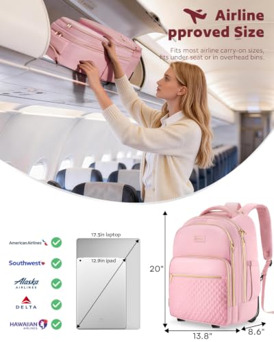 Arcoyard Rolling Backpack for Women, 17.3 Inch Travel Backpack with Wheels - color: Pink Gold, size: 17.3-inch