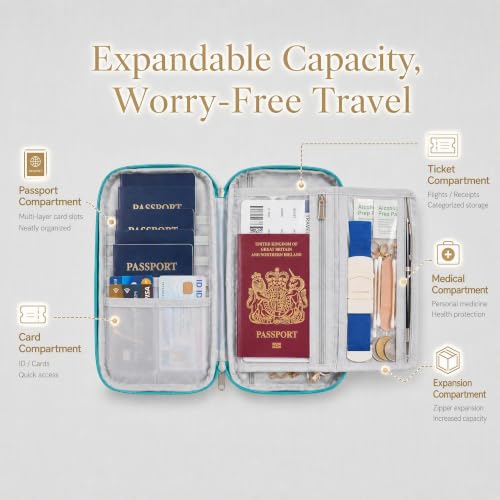 Multifunctional, Secure,Valuable Practical, RFID Family Passport Holder, Travel Wallet (gray), Travel document Organizer, Three-layer Design, Strong Storage Function - color: gray