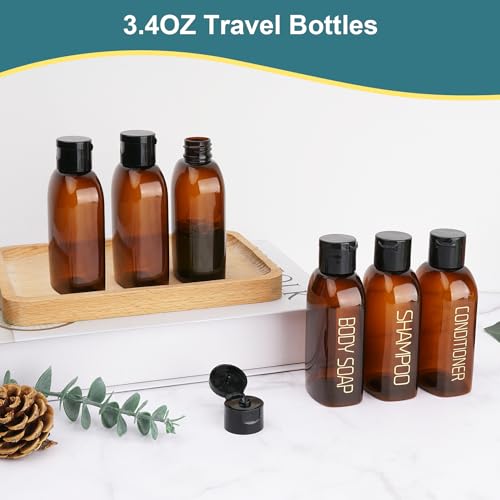 Cosywell Travel Bottles for Toiletries - 6 PCS Shampoo Bottles, TSA Approved Travel Size, Leak Proof Containers with Flip Cap - color: 3.4oz Brown - 3 Labeled 3 Blank