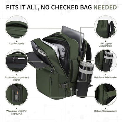 30L Lay Flat Travel Backpack for 16 Inch Laptop Carry On Green - color: Green