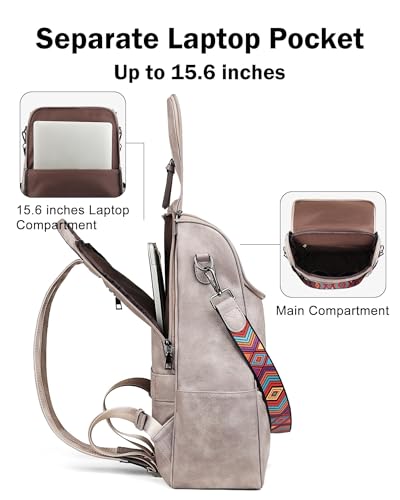 FADEON Laptop Backpack for Women, Vegan Leather 15.6 inch Computer bag - color: Grey Retro Style