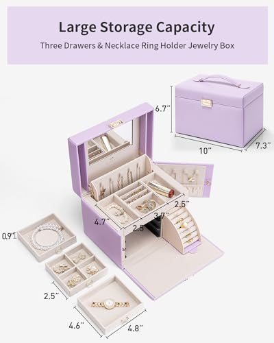 VLANDO Jewelry Box Organizer with Mirror and 3 Drawers,Purple - color: Purple