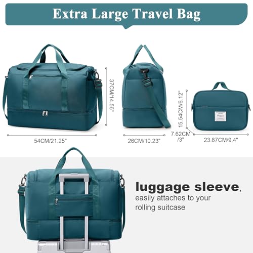 Travel Duffle Bag with Shoe Compartment, XL Weekender Bags for Women - color: B-Peacock Blue with Toiletry Bag, size: Extra Large