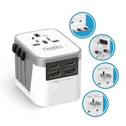Ceptics Universal Power Adapter - 2 USB-A + 2 USB-C with Universal Socket - color: Grey/White