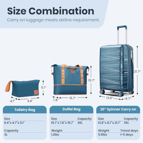 TRAVELEO Expandable Carry-On 4 Piece Luggage Set Built-in TSA Lock - color: Peacock Blue, size: Carry On Set (14in/20in/DB/TB)