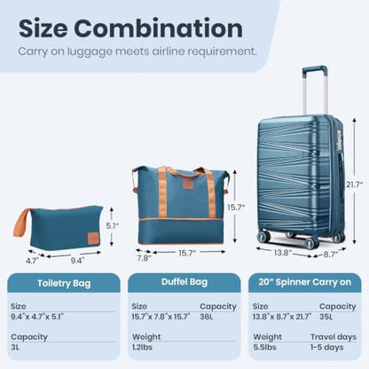 TRAVELEO Expandable Carry-On 4 Piece Luggage Set Built-in TSA Lock - color: Peacock Blue, size: Carry On Set (14in/20in/DB/TB)