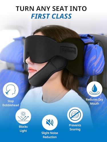 SARISUN Travel Pillow with Chin Strap, Stable Head Support for Long Flight - color: Mottled Blue
