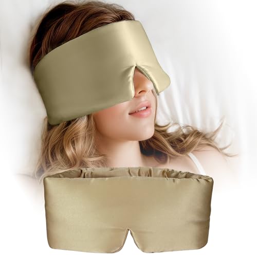 Silk Sleep Mask for Women and Men, Side Sleeper, 22 Momme Pure Mulberry Silk Total Blackout 100% Mulberry Eye Mask with Adjustable Headband Full Size, Eye Masks for Sleeping and Travel - color: Gold