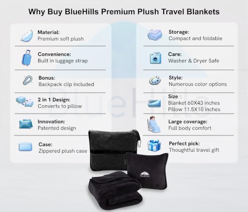 BlueHills Premium Soft Travel Blanket Pillow Flight Comfort Throw - Black - color: Black-1pk-t008