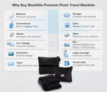 BlueHills Premium Soft Travel Blanket Pillow Flight Comfort Throw - Black - color: Black-1pk-t008