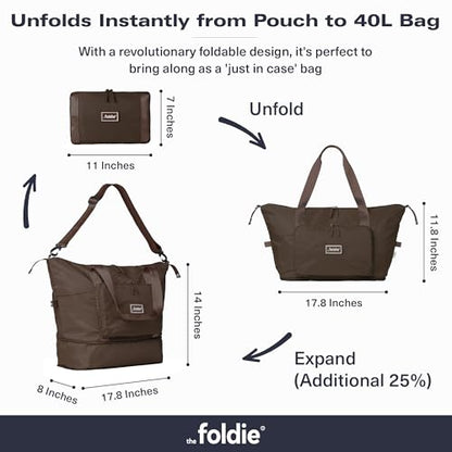 The Foldie Foldable Travel Bag for Women - 40L Weekender Bag with Multiple Pockets - Carry On Expendable Travel Bag - color: Brown