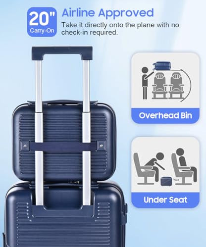 Hard Shell Luggage Set 4 Piece with Spinner Wheels, 20/24/28 Inch Suitcases with TSA Lock, 20in Carry On with Front Laptop Pocket & USB Port, Travel Suitcase Set with Cosmetic Case - color: Blue, size: 4-Piece Set (13/20/24/28)