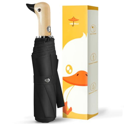 Duck Cute Travel Compact Umbrella Automatic, Wooden Handle for Gifts Women - color: 0.4 Black, size: 23 inch ARC