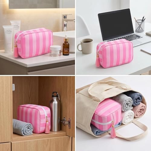 Preppy Striped Makeup Bag for Women, Structured Travel Cosmetic Pouch with Protective Sponge Padding, Large Canvas Toiletry Organizer with Tassel Zipper for Daily Purse(Pink) - color: Pink