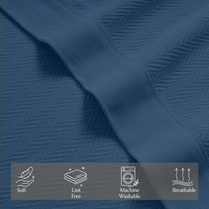 Threadmill Luxury 100% Cotton Queen Herringbone Blanket, Folkstone Blue - color: Folkstone Blue, size: Queen (90" x 92")