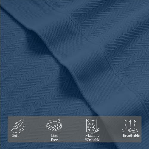 Threadmill Luxury 100% Cotton Queen Herringbone Blanket, Folkstone Blue - color: Folkstone Blue, size: Queen (90" x 92")