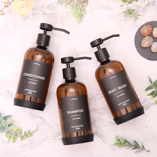 Shampoo and Conditioner Dispenser Set of 3 - color: Amber Bottles + Black Pumps