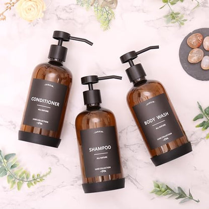 Shampoo and Conditioner Dispenser Set of 3 - color: Amber Bottles + Black Pumps