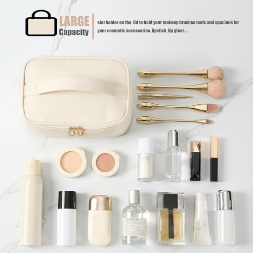 Meiyuuo Travel Makeup Bag for Women, PU Leather Cosmetic Bag, Beige - color: Light Beige