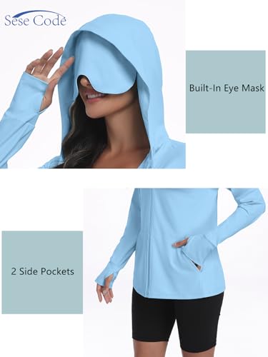 SeSe Code UPF 50+ Hoodie With Eye Mask Womens Zip Up Travel Jackets - color: Blue, size: XX-Large
