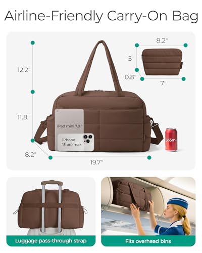 BAGSMART Gym Bag for Women, 2-PC Puffer Travel Duffle Bag Carry On Tote Bag - color: Coffee Brown