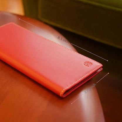 RFID Blocking Genuine Plain Leather Long Slim Passport Holder with Boarding Pass, Card, Cash Slots (Red) - color: Red