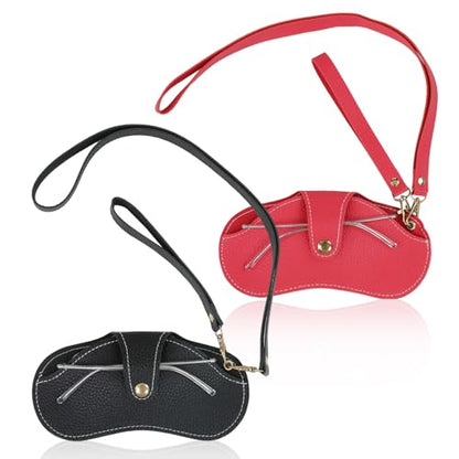 Double Eyeglass Case Soft Dual Glasses Case for Women Men Travel Squeeze Top Sunglasses Cases Eyeglasses Pouch - color: Black+rose Pink Lanyard