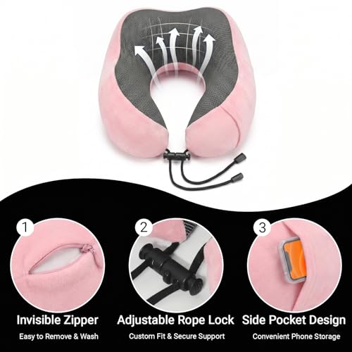 Travel Neck Pillow, 100% Memory Foam, U-Shaped with Storage Box, Pink - color: Pink
