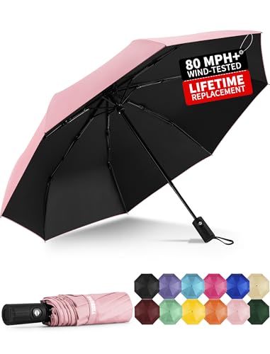 Yoobure Windproof Automatic Travel Umbrella, Compact Folding UV Sun & Rain - color: Coral Pink